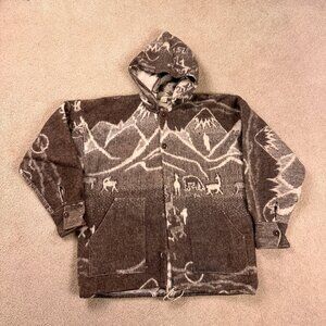 Vintage Ecuadorian 100% Wool Jacket Coat Alpaca Hood Pockets Large GORP Boho